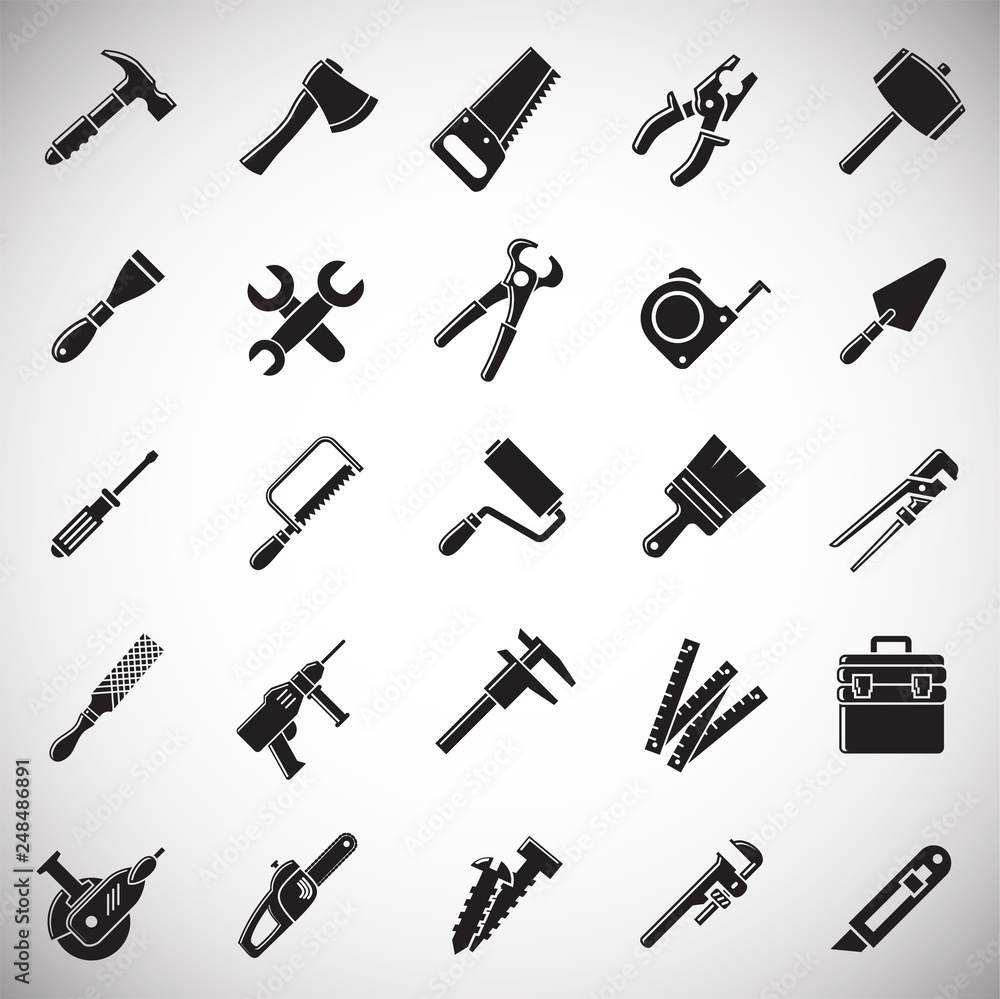 Obraz premium Tools icons set on white background for graphic and web design, Modern simple vector sign. Internet concept. Trendy symbol for website design web button or mobile app