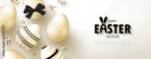 Happy Easter banner.Egg hunt. Beautiful Background with Golden eggs and serpentine. Vector illustration for website , posters,ads, coupons, promotional material.