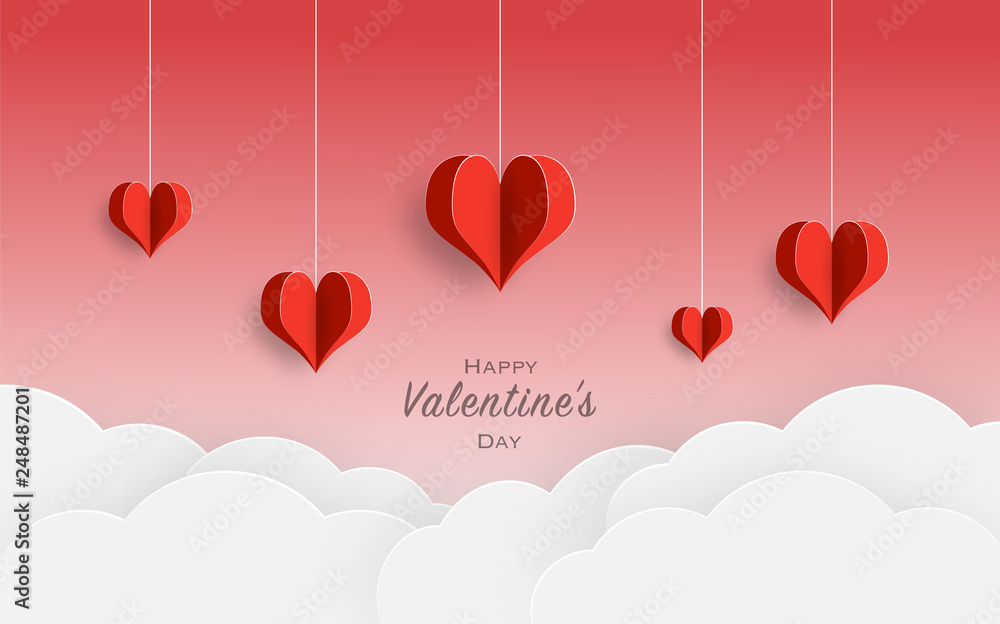 Happy Valentine's day paper cut red heart and clouds on red background Happy Valentine's day paper cut red heart and clouds on red background
