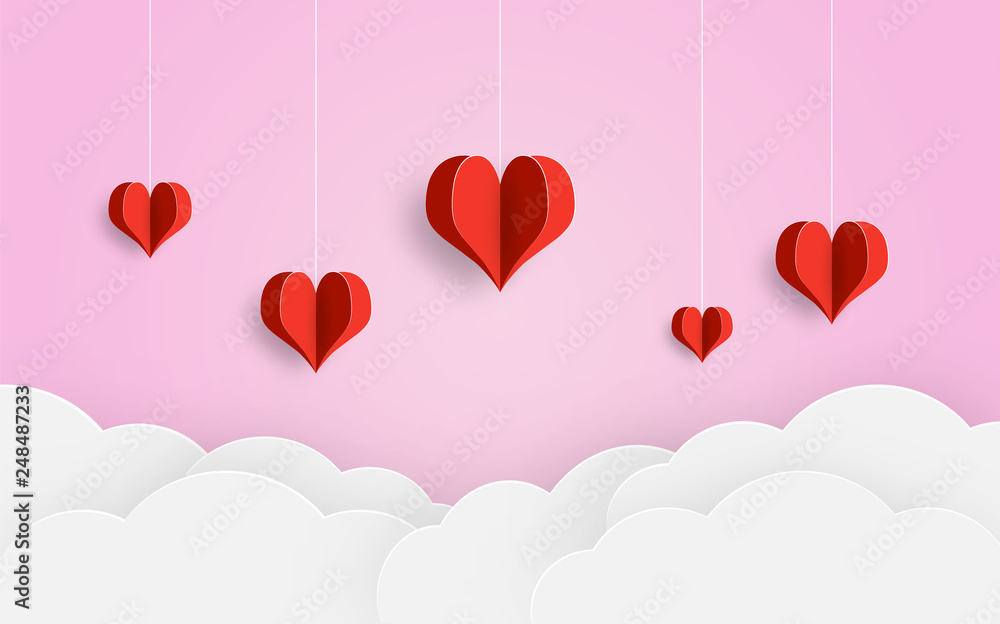 Paper cut balloon red heart and clouds on pink background