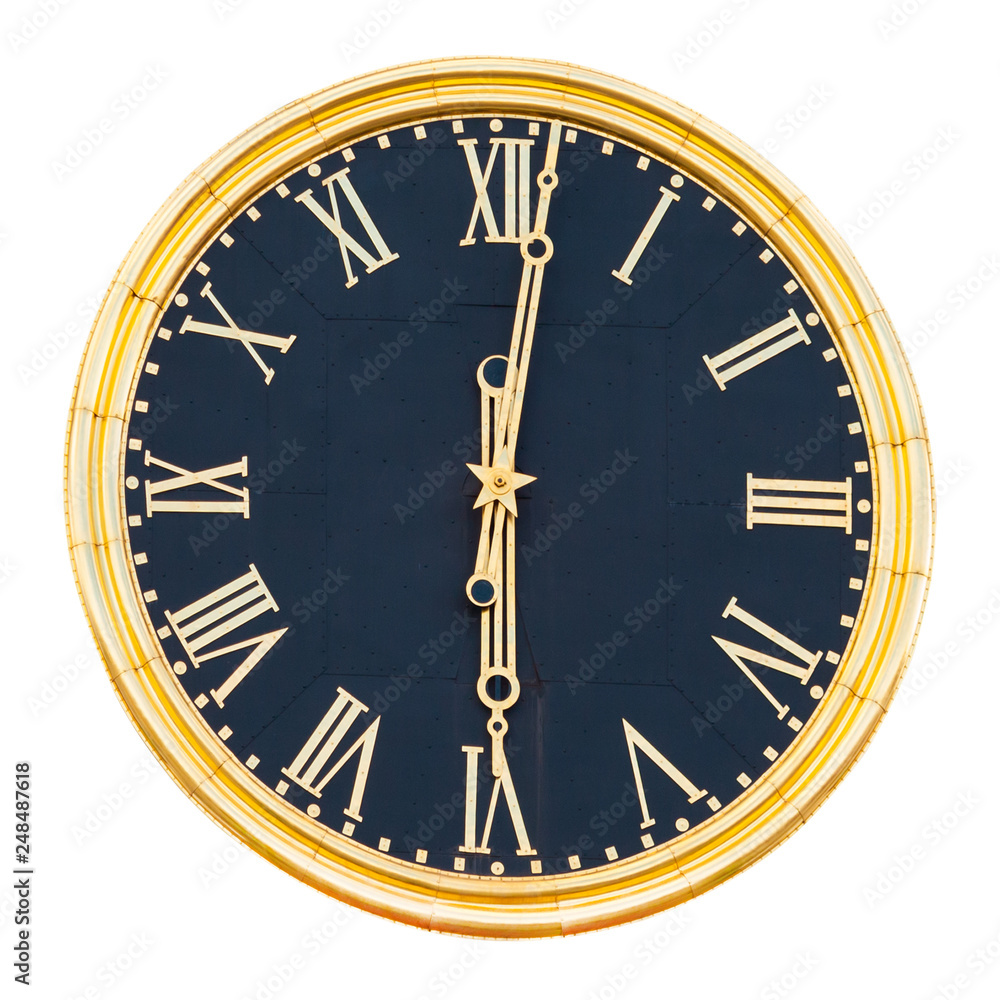 Round wall clock with gilded dial with Roman numerals and hands, isolated on a white background