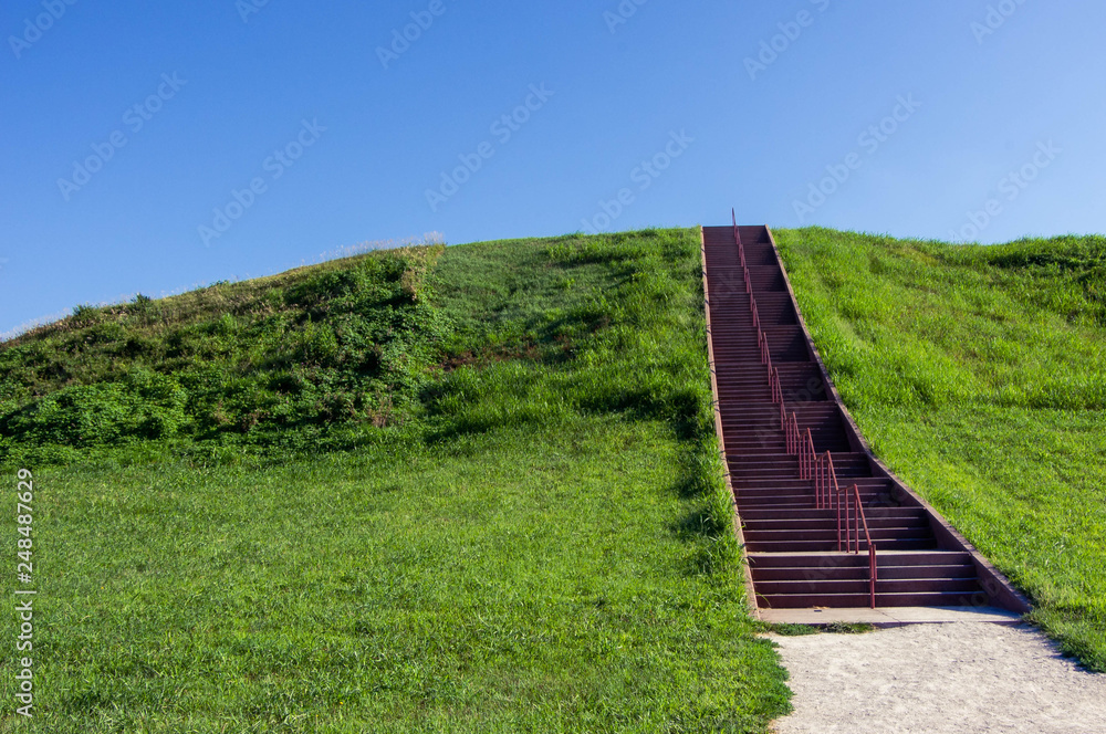 Stairs leading to the top of Monks Mound the largest hill at Cahokia Mound, the remains of largest precolumbian city north of Mexico located in southern Illinois near Mississippi River.