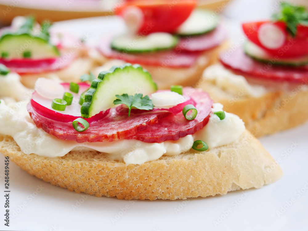 Φωτογραφία Tasty appetizer, slices of brad with slami, cheese, red radish cucumbers and spring scallions on a marble tile