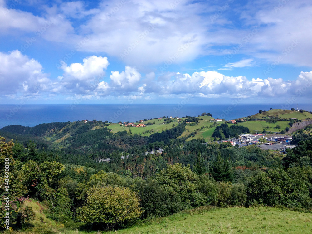 Typical view of the sea from the hills of the Pais Basco, Spain, on the camino de Santiago de Compostela