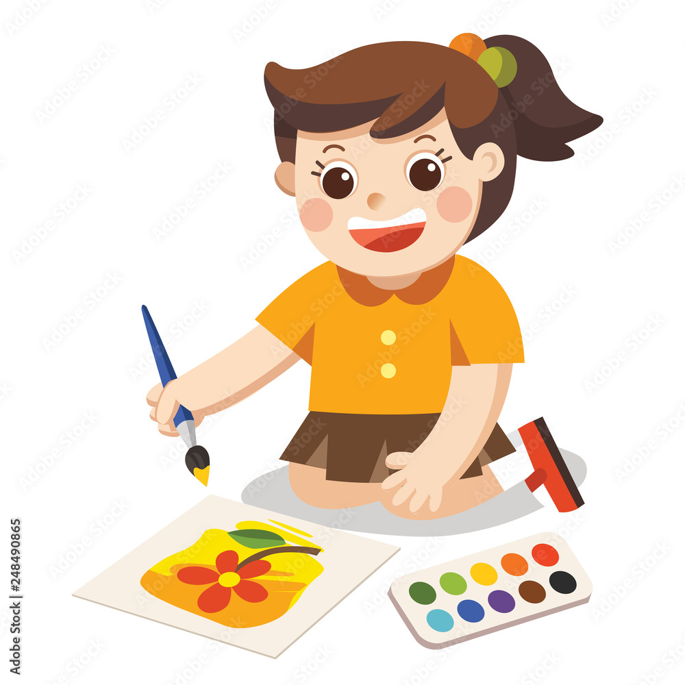 Back to school, Happy Girl draw pictures pencils and paints on floor.Isolated vector. Back to school, Happy Girl draw pictures pencils and paints on floor.Isolated vector.