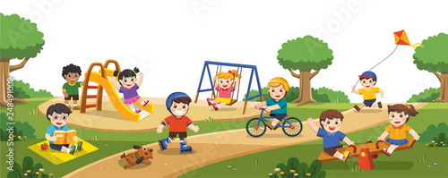 Happy excited kids having fun together on playground. Children play outside. Vector illustration.