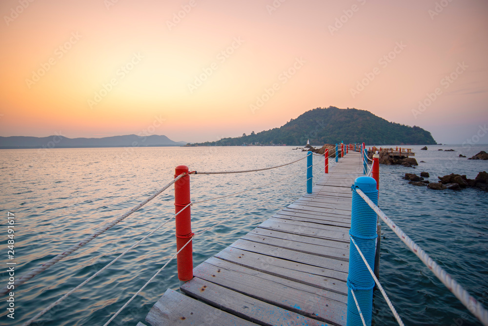 Beautiful amazing nature background. Tropical blue sun sea. Luxury holiday resort. Island about coral reef. Fresh freedom. Adventure day. Snorkeling. Coconut paradise. Wooden bridge. In the twilight.