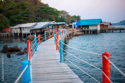 Beautiful amazing nature background. Tropical blue sun sea. Luxury holiday resort. Island about coral reef. Fresh freedom. Adventure day. Snorkeling. Coconut paradise. Wooden bridge. In the twilight.