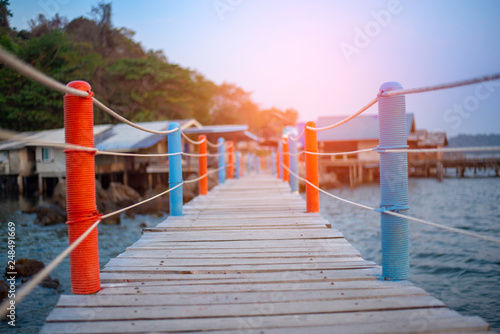 Beautiful amazing nature background. Tropical blue sun sea. Luxury holiday resort. Island about coral reef. Fresh freedom. Adventure day. Snorkeling. Coconut paradise. Wooden bridge. In the twilight.
