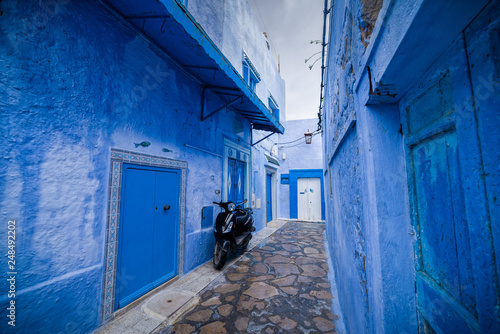 Hammamet Medina streets. Blue walls and parked bike. Tunis, north Africa. © Viacheslav