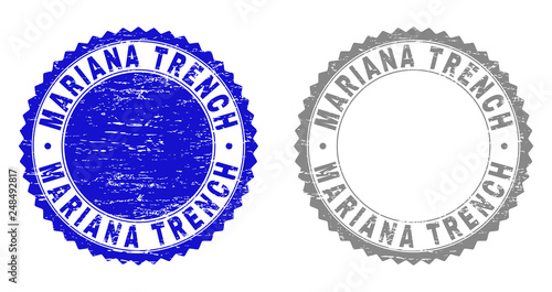 Grunge MARIANA TRENCH stamp seals isolated on a white background. Rosette seals with grunge texture in blue and gray colors.