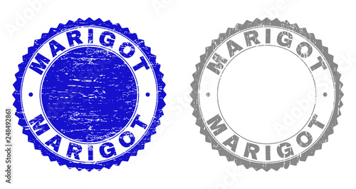 Grunge MARIGOT stamp seals isolated on a white background. Rosette seals with distress texture in blue and grey colors. Vector rubber stamp imprint of MARIGOT title inside round rosette.