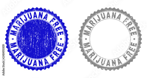 Grunge MARIJUANA FREE stamp seals isolated on a white background. Rosette seals with grunge texture in blue and grey colors. Vector rubber watermark of MARIJUANA FREE caption inside round rosette.