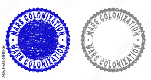 Grunge MARS COLONIZATION stamp seals isolated on a white background. Rosette seals with grunge texture in blue and grey colors. Vector rubber overlay of MARS COLONIZATION caption inside round rosette.