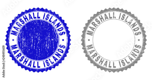 Grunge MARSHALL ISLANDS stamps isolated on a white background. Rosette seals with grunge texture in blue and grey colors. Vector rubber stamp imprint of MARSHALL ISLANDS caption inside round rosette.