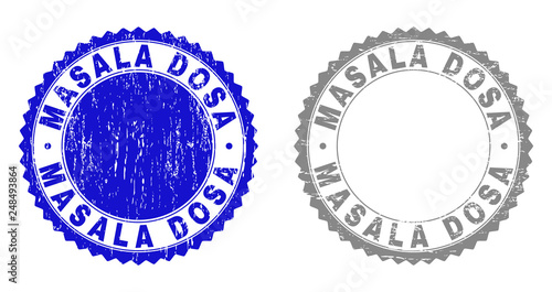 Grunge MASALA DOSA stamp seals isolated on a white background. Rosette seals with grunge texture in blue and gray colors. Vector rubber stamp imitation of MASALA DOSA tag inside round rosette.