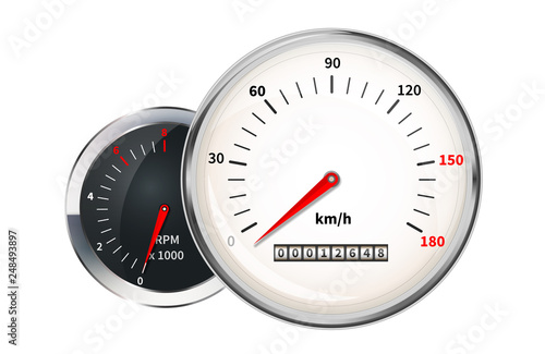 Retro speedometer and tachometer, set of car dashboard indicators on white
