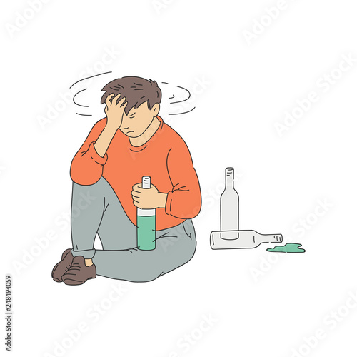 Vector alcohol addicted man with hangover sketch