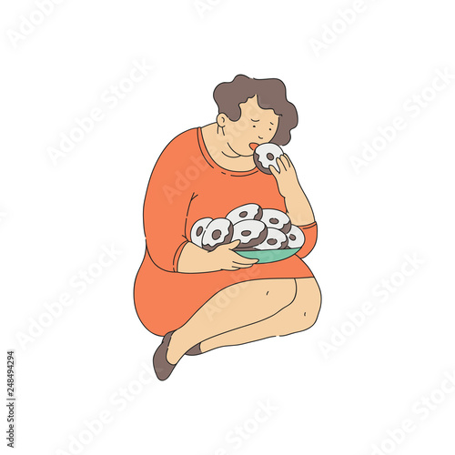 Vector sad obese woman suffering from bulimia