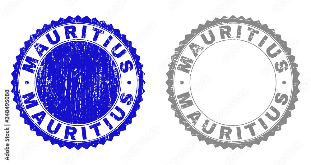Grunge MAURITIUS stamp seals isolated on a white background. Rosette seals with grunge texture in blue and gray colors. Vector rubber stamp imitation of MAURITIUS caption inside round rosette.