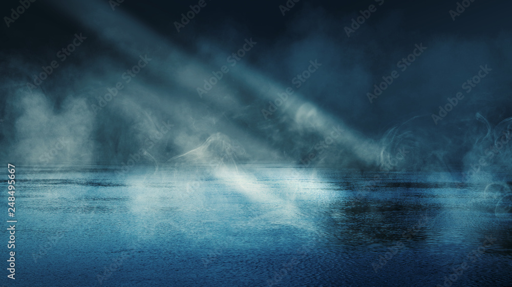 Background scene of empty street. Night view of the river, the night sky with clouds, the reflection of light on the water. Smoke fog - obrazy, fototapety, plakaty 
