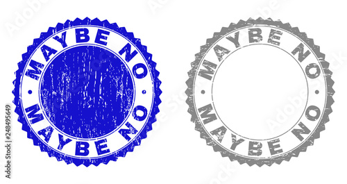 Grunge MAYBE NO stamp seals isolated on a white background. Rosette seals with grunge texture in blue and grey colors. Vector rubber stamp imprint of MAYBE NO label inside round rosette.