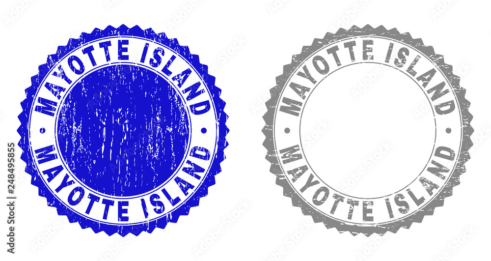 Grunge MAYOTTE ISLAND stamp seals isolated on a white background. Rosette seals with grunge texture in blue and gray colors. Vector rubber stamp imprint of MAYOTTE ISLAND caption inside round rosette.