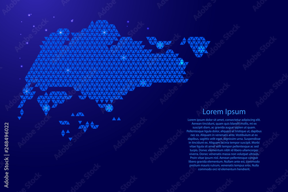 Singapore map abstract schematic from blue triangles repeating pattern geometric background with nodes and space stars for banner, poster, greeting card. Vector illustration.