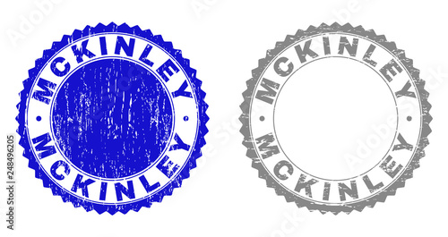 Grunge MCKINLEY stamp seals isolated on a white background. Rosette seals with grunge texture in blue and gray colors. Vector rubber stamp imprint of MCKINLEY text inside round rosette.