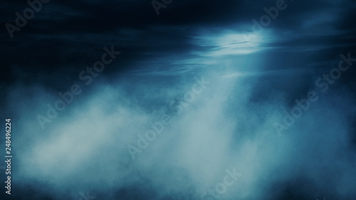 Background scene of empty street. Night view of the river, the night sky with clouds, a reflection of light on the asphalt. Smoke fog