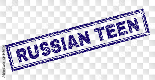 RUSSIAN TEEN stamp seal print with rubber print style and double framed rectangle shape. Stamp is placed on a transparent background. Blue vector rubber print of RUSSIAN TEEN title with retro texture.