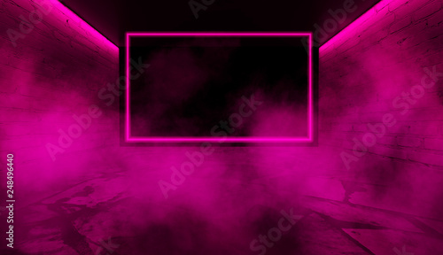 Fototapeta Naklejka Na Ścianę i Meble -  The background of an empty room with concrete walls and floor tiles. Pink, purple neon light, smoke. Spotlight