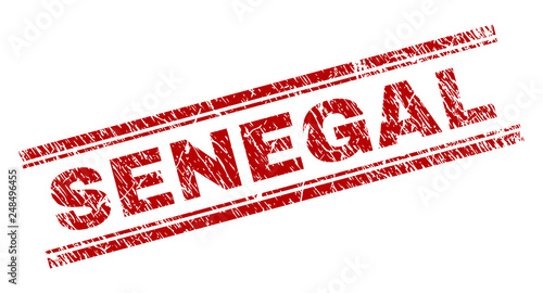 SENEGAL seal print with grunge style. Red vector rubber print of SENEGAL text with unclean texture. Text caption is placed between double parallel lines.