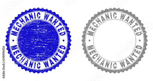 Grunge MECHANIC WANTED stamp seals isolated on a white background. Rosette seals with distress texture in blue and gray colors.