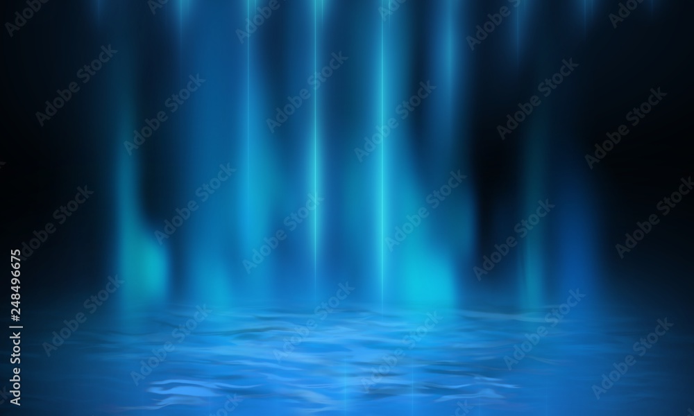 Product showcase spotlight background. Clean photographer studio. Abstract blue background with rays of neon light, spotlight, reflection on water.