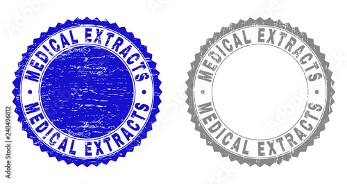 Grunge MEDICAL EXTRACTS stamp seals isolated on a white background. Rosette seals with grunge texture in blue and grey colors. Vector rubber overlay of MEDICAL EXTRACTS label inside round rosette.