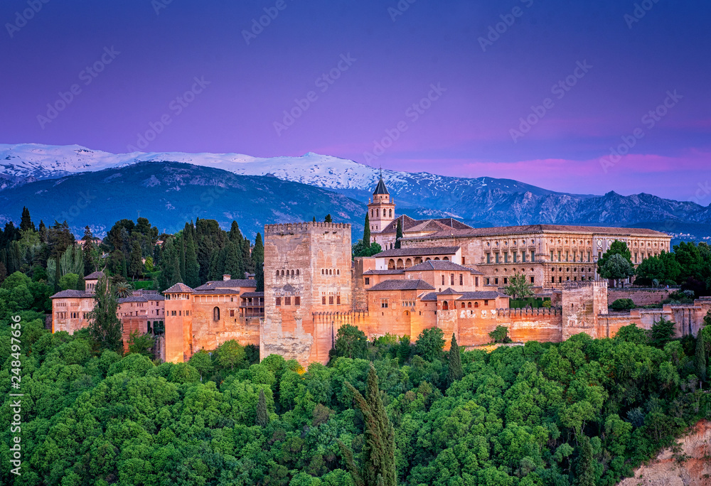 Famous Alhambra in sunset in Granada, Spain