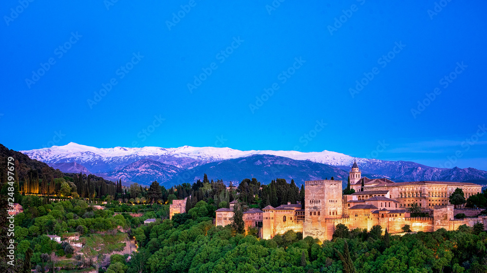 Famous Alhambra in sunset in Granada, Spain