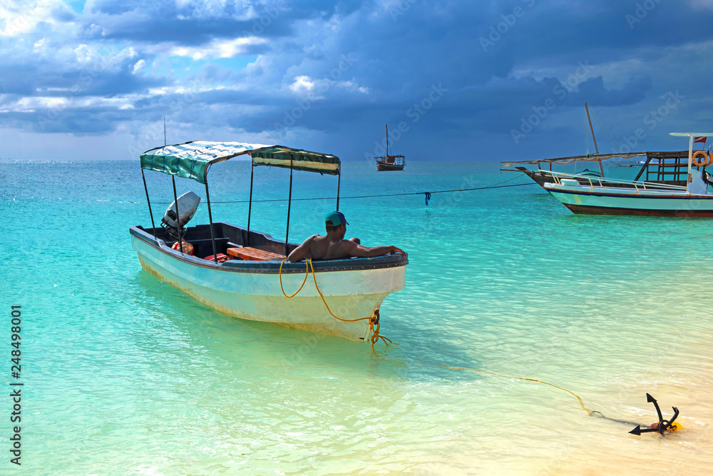 Fishing on boat in ocean Zanzibar island