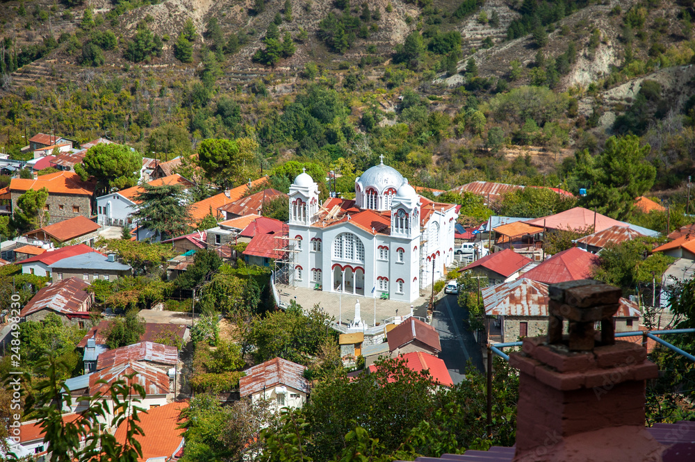 View to The Church of Holy Cross (Timios Stavros) and Pedoulas village, Troodos Mountains, Cyprus