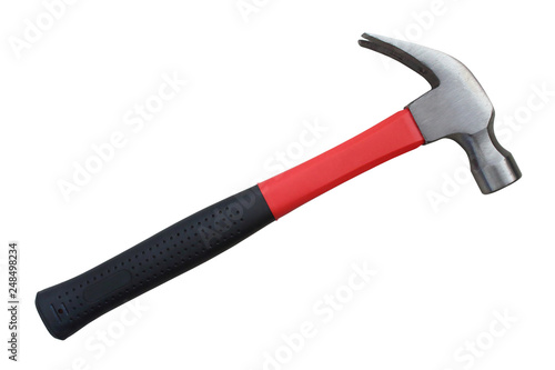 Hammer with a rubberized handle. Hammer and nail puller, two in one. Close-up. Isolated object on white background. Isolate.