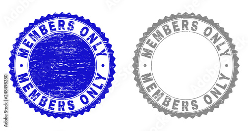 Grunge MEMBERS ONLY stamp seals isolated on a white background. Rosette seals with grunge texture in blue and gray colors. Vector rubber overlay of MEMBERS ONLY title inside round rosette.