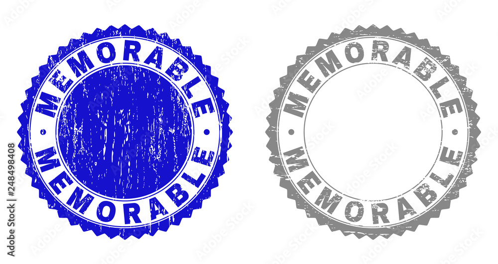 Grunge MEMORABLE stamp seals isolated on a white background. Rosette seals with grunge texture in blue and gray colors. Vector rubber stamp imprint of MEMORABLE caption inside round rosette. Grunge MEMORABLE stamp seals isolated on a white background. Rosette seals with grunge texture in blue and gray colors. Vector rubber stamp imprint of MEMORABLE caption inside round rosette.