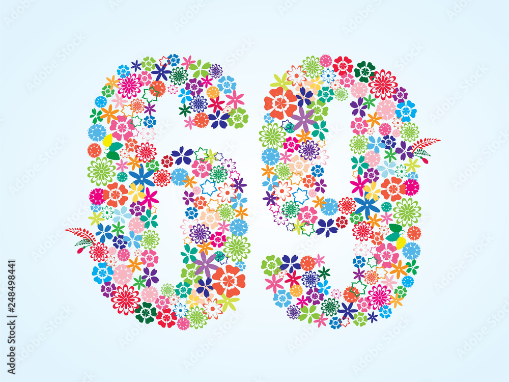 Vector Colorful Floral 69 Number Design isolated on white background. Floral Number Sixty Nine Vector Typeface.