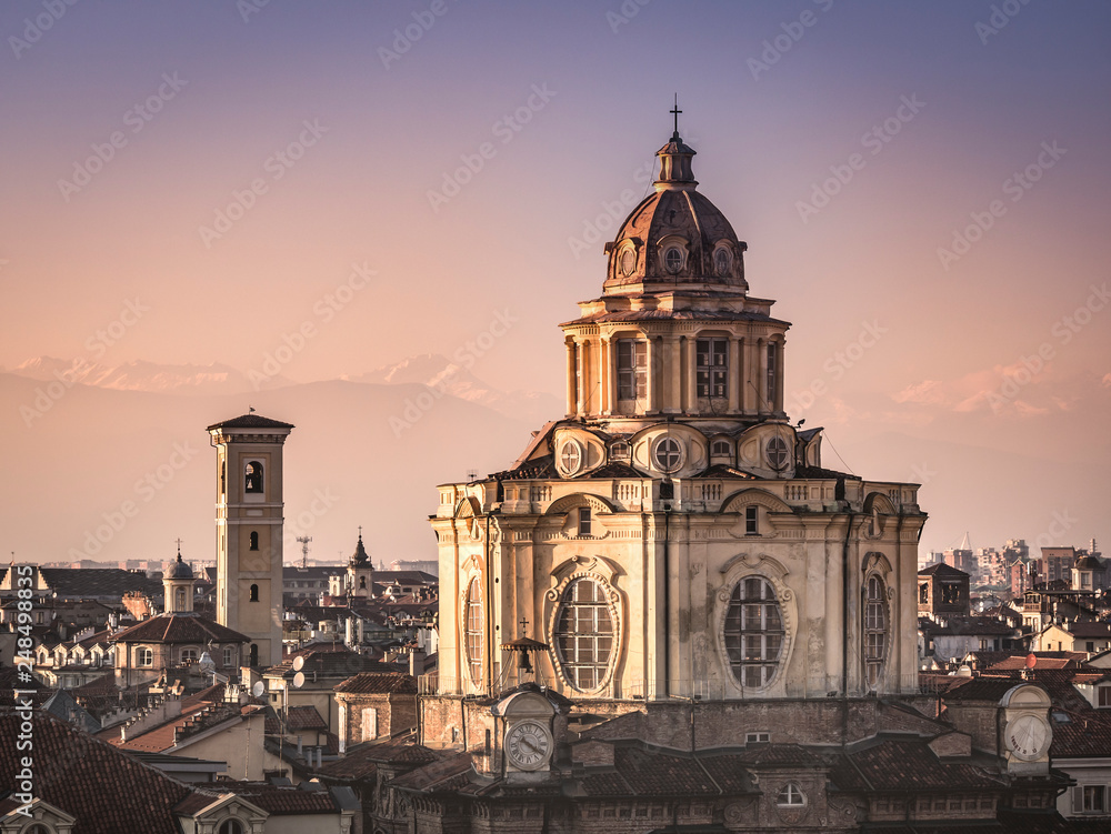 Turin (Italy) Dome of the Church of San Lorenzo and bell tower of the Church of the Holy Spirit