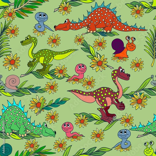Dinosaurs and diplodok in the ancient forest.