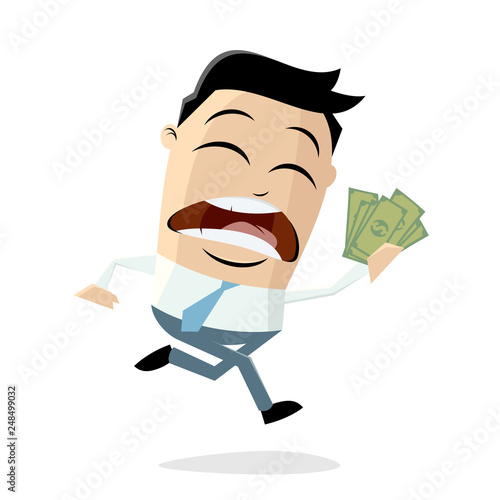 funny cartoon man wants to spend his money urgently