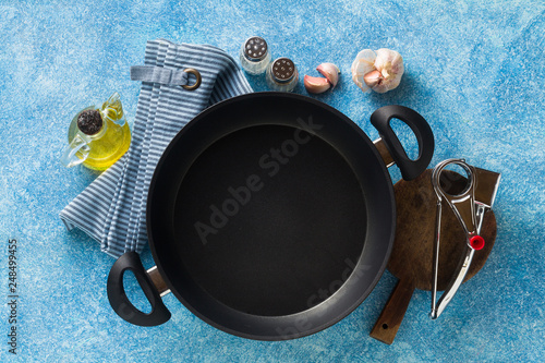 non-stick frying pan on the table. cooking food photo