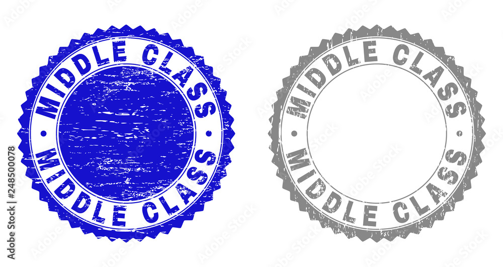Grunge MIDDLE CLASS stamp seals isolated on a white background. Rosette seals with distress texture in blue and gray colors. Vector rubber stamp imitation of MIDDLE CLASS tag inside round rosette.