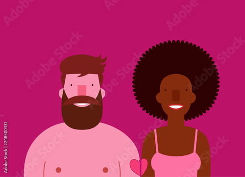 Happy young interracial couple portrait cartoon bearded man black woman with heart tattoo isolated on background with space for text